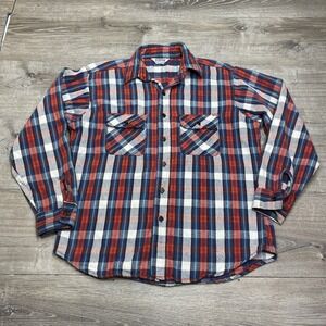 Vintage Five Brothers Shirt Mens Large Blue Red Plaid Flannel Long Sleeve USA